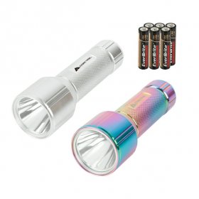 Ozark Trail LED 300 Lumens Handheld Aluminum Flashlights, with 6 AAA Batteries, 2 Pack, Silver and Iridescent