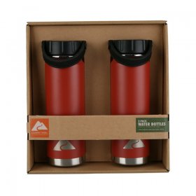 Ozark Trail 24 Ounce Double Wall Vacuum Sealed Stainless Steel Water Bottle, 2 Pack, Brilliant Red